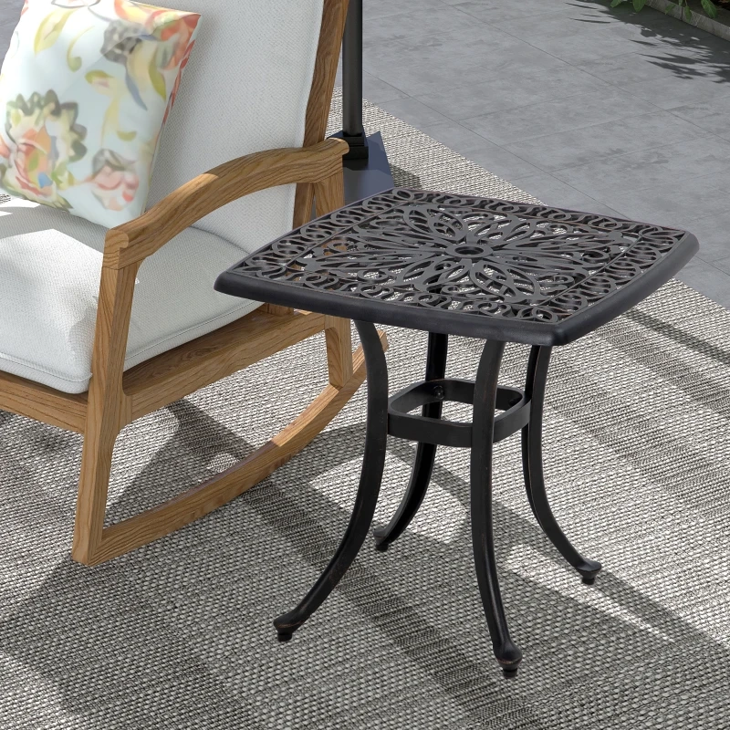 Outdoor End Table, Cast Aluminum Patio Side Table with Umbrella