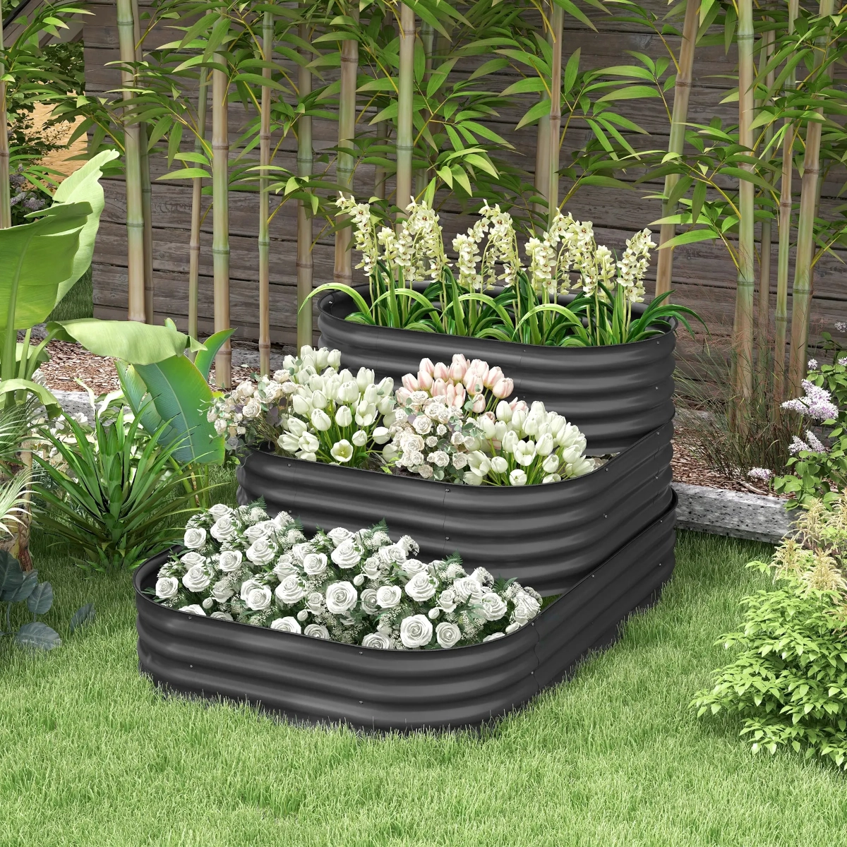 Bed, 3-Tier Galvanized Planter Box with Safety Edging for Vegetable