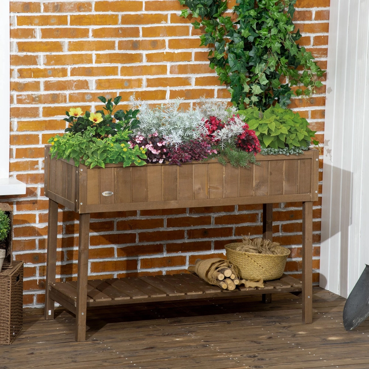 Outsunny Raised Garden Bed with 8 Grids and Storage Shelf