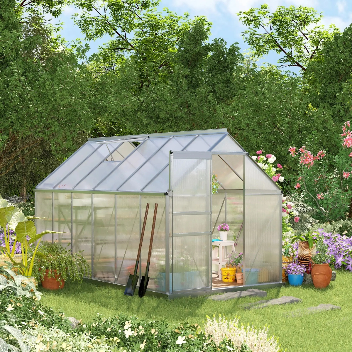 Polycarbonate Greenhouse with Adjustable Roof Vent, Base, Sliding Door, Clear
