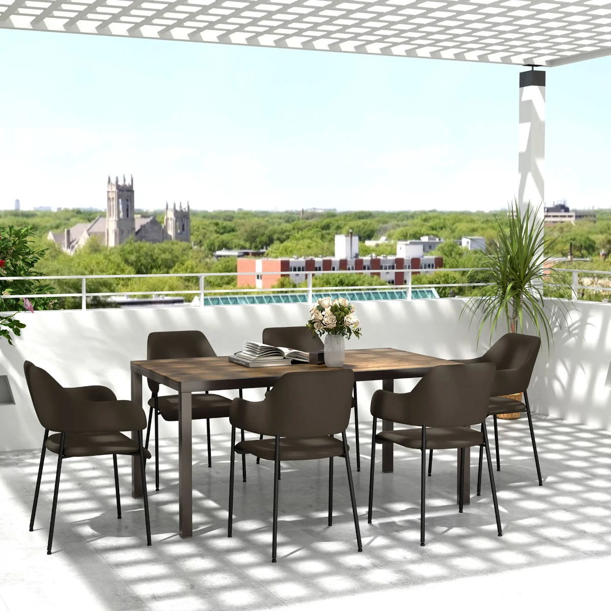 Outdoor dining table setup on a patio for family meals and entertaining guests.