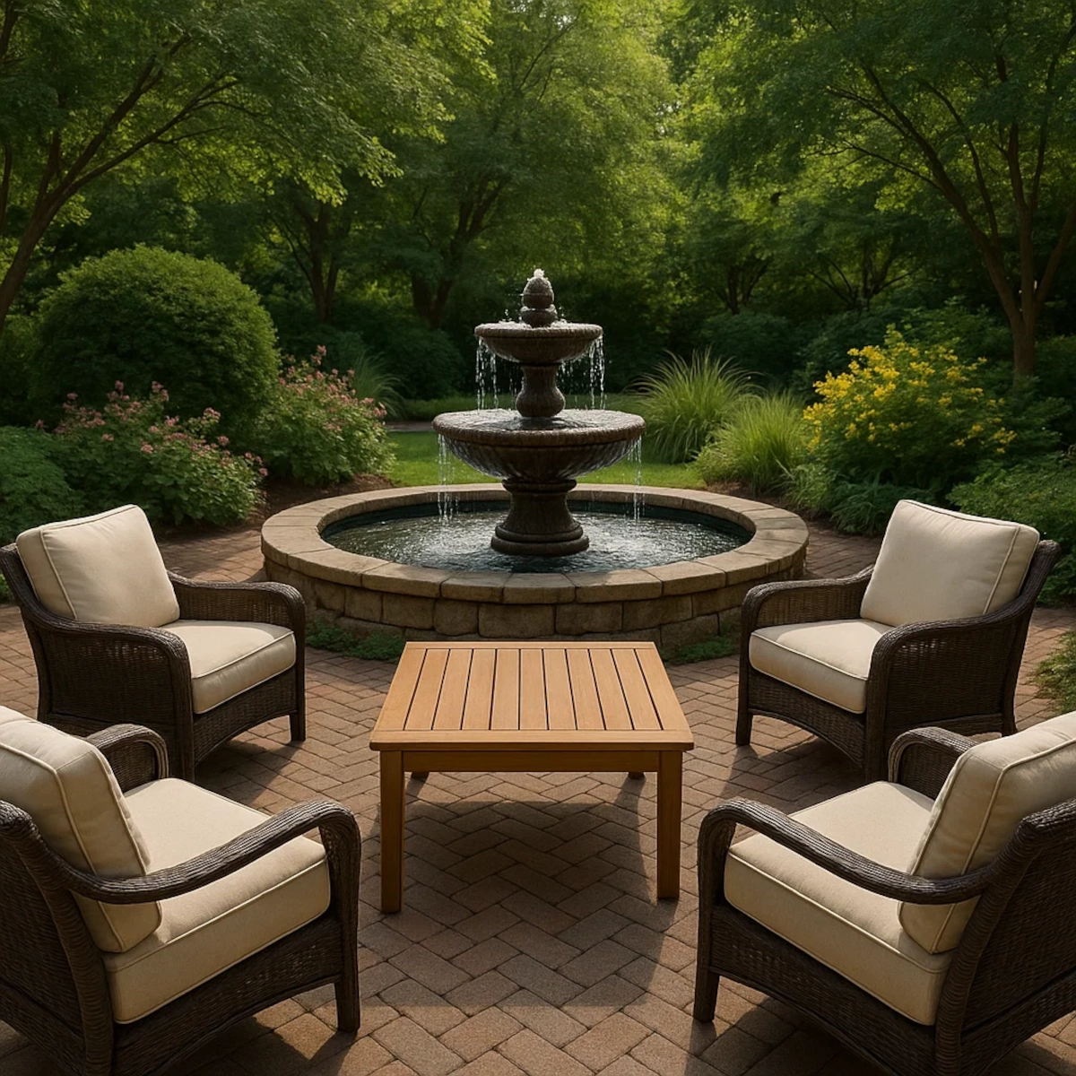 Peaceful patio with a decorative water feature adding ambiance and visual appeal.