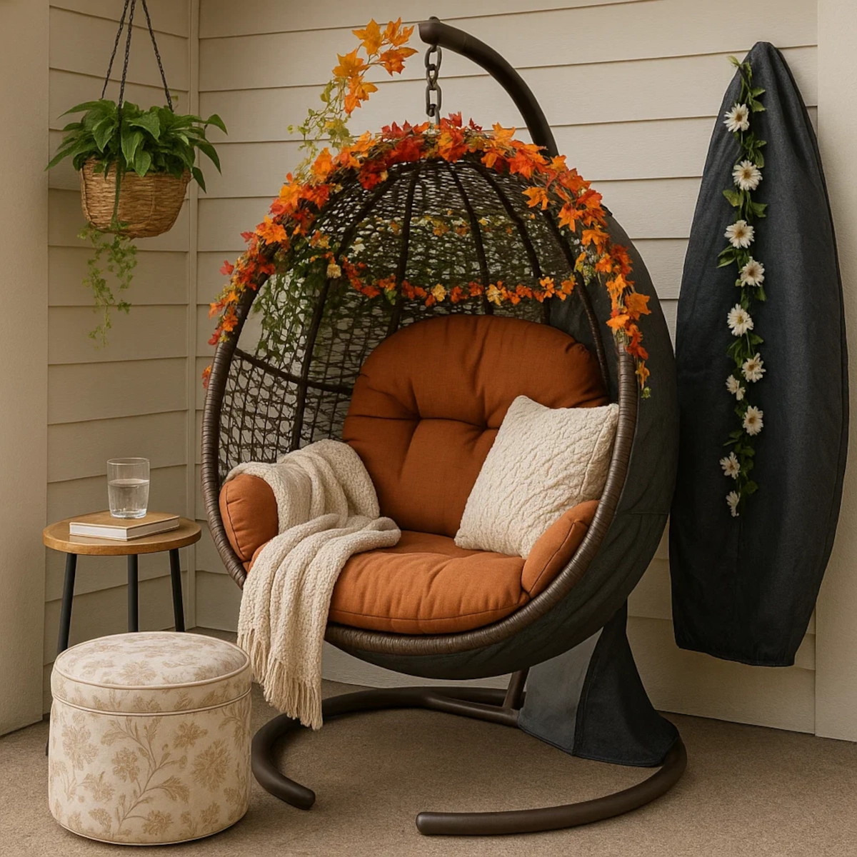 Cozy egg chair with fall-themed garland, throw blanket, and neutral decor accents.