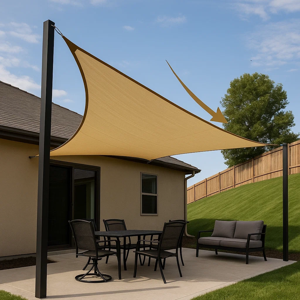 Planning shade sail angle for effective water drainage and wind resistance in outdoor setup.