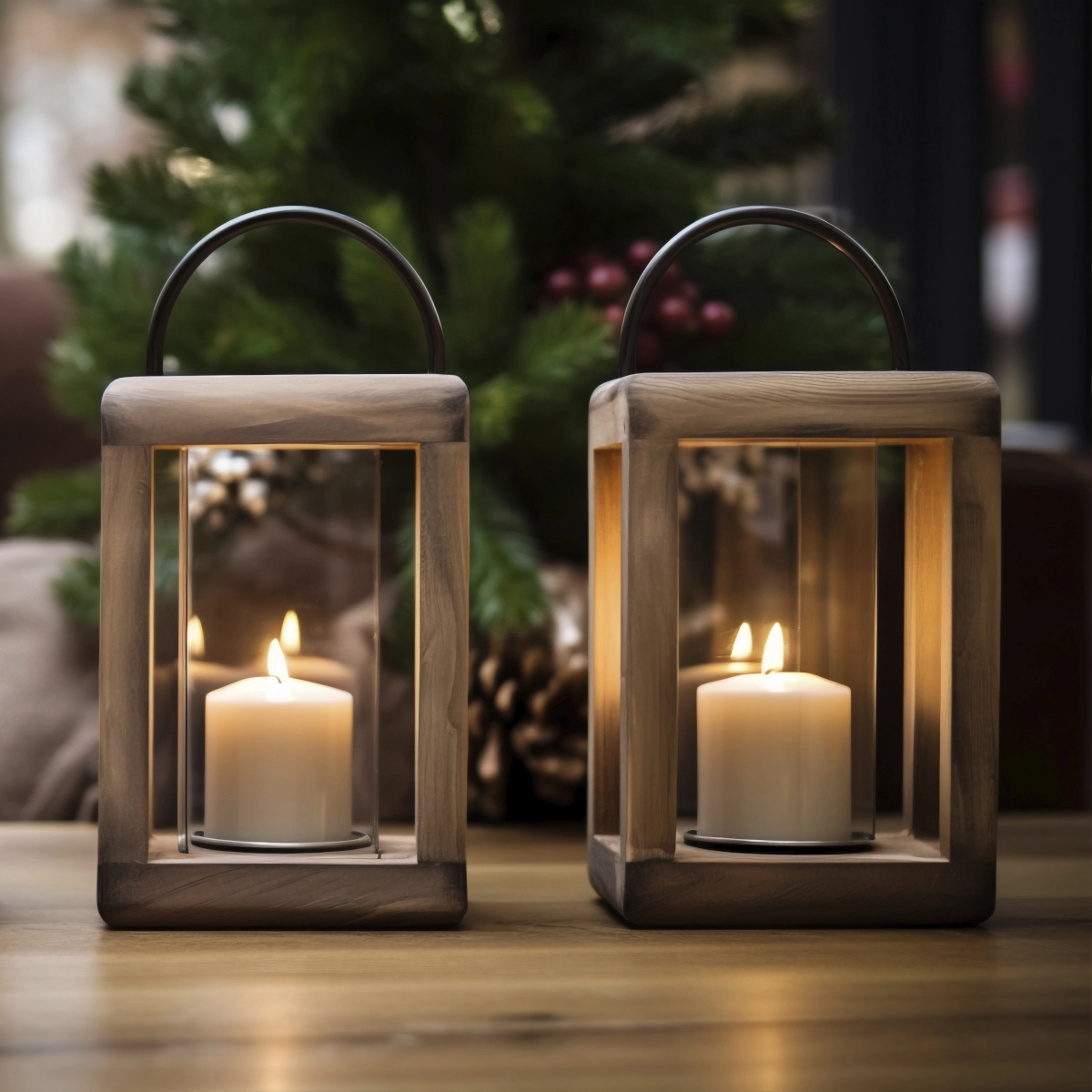 Wooden lanterns with lit candles add cozy ambiance to outdoor holiday decor.
