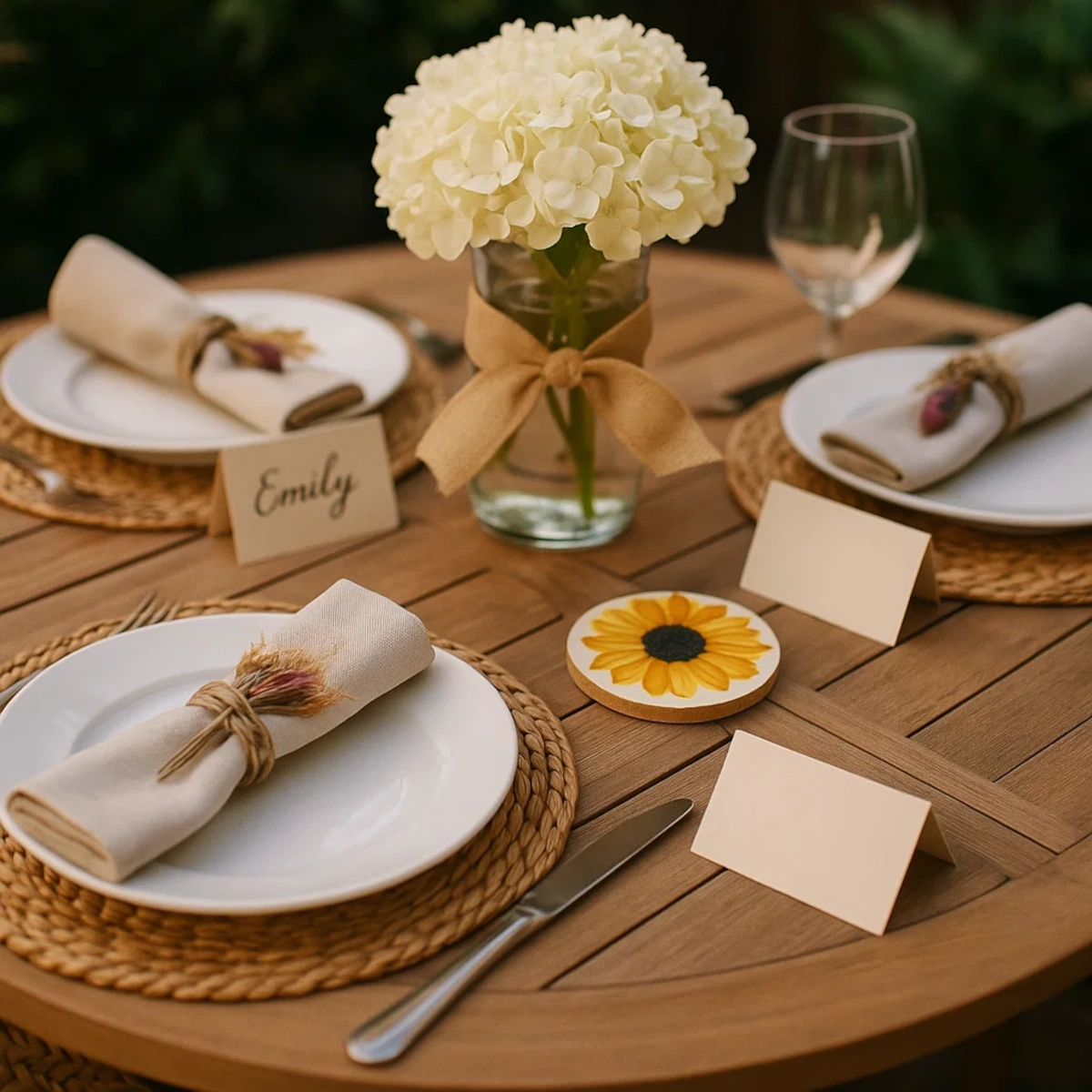 Elegant outdoor table setup with name cards and rustic floral centerpiece.