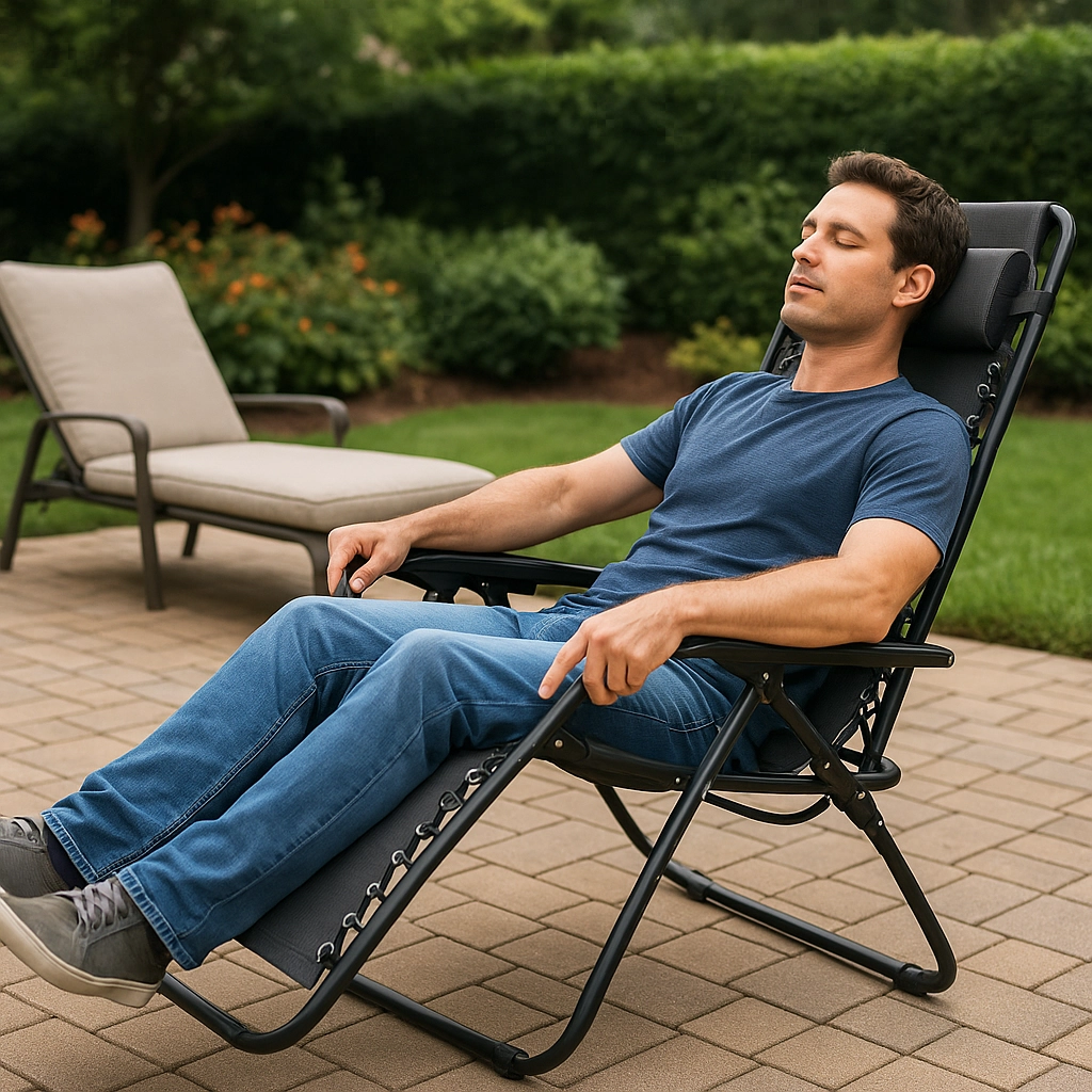 Person relaxing in a reclining chair on a patio with adjustable features for comfort.