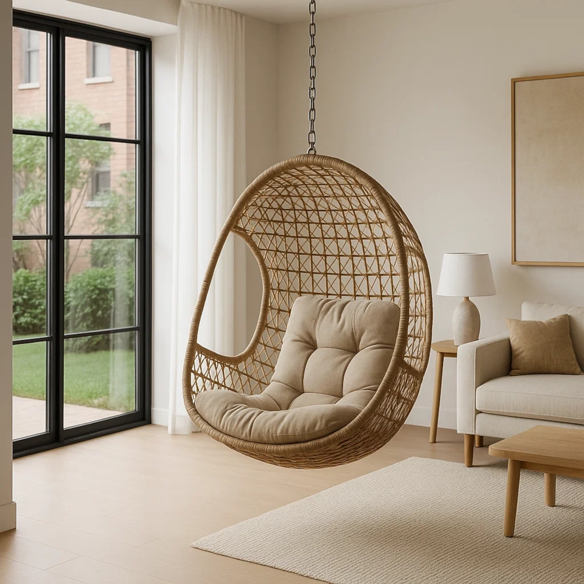 Adjusting rope length or chain height to position hanging egg chair correctly.