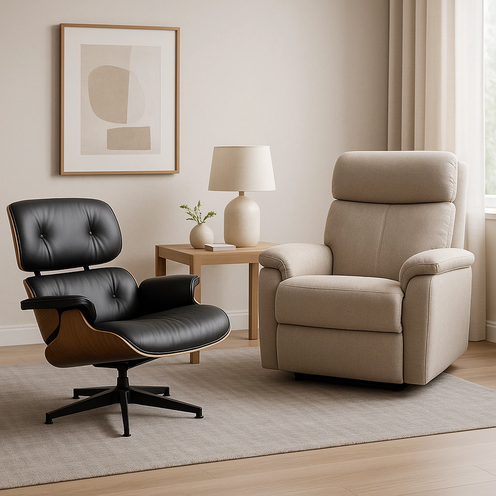 Modern lounge and recliner chairs styled in a neutral living room with wooden flooring.