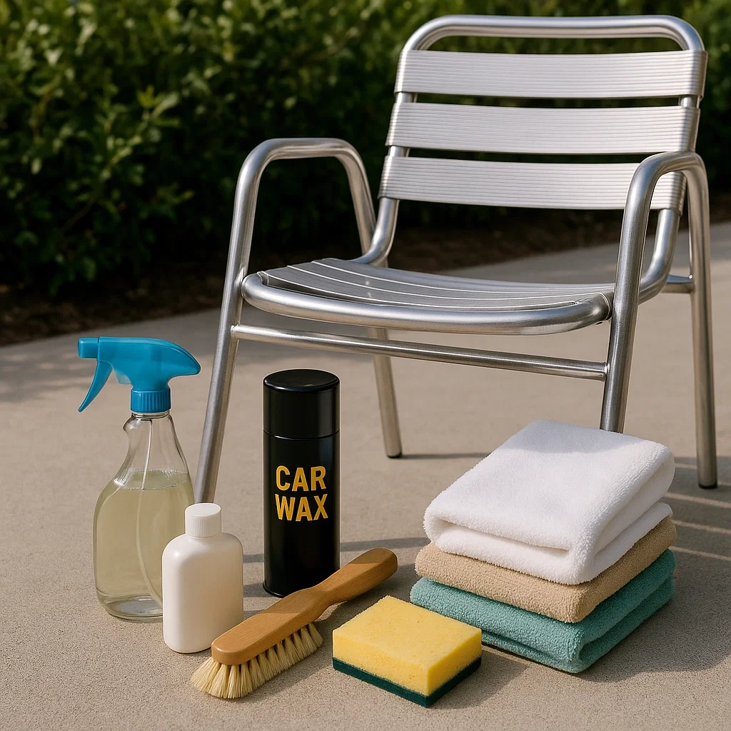 Sleek aluminum chair placed outdoors with cleaning supplies for easy maintenance.