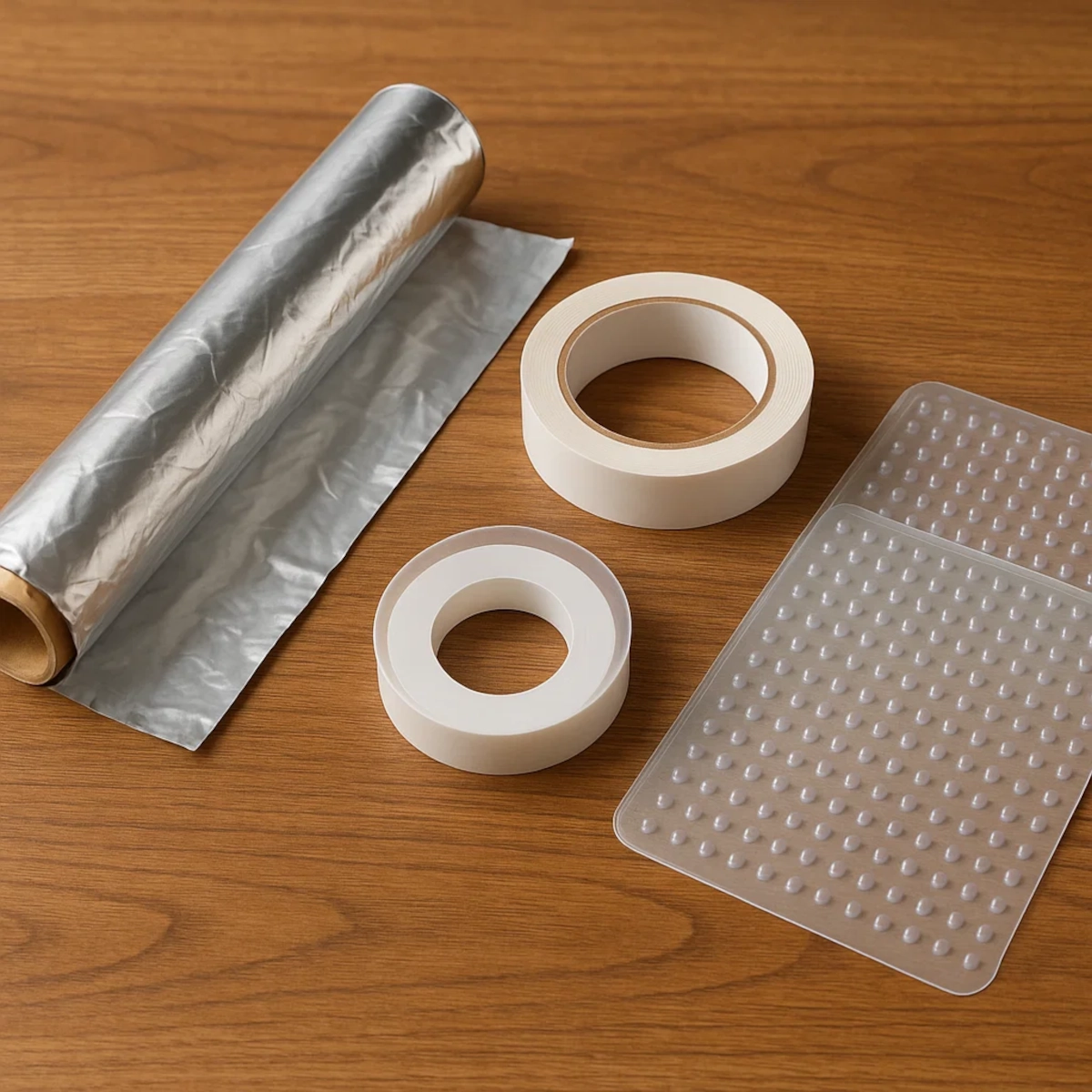 Aluminum foil, tape, and mats used to keep cats off outdoor furniture surfaces