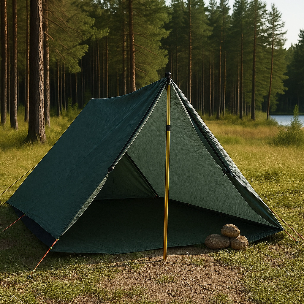 Green tent pitched in forest using support pole and rocks for anchoring stability.