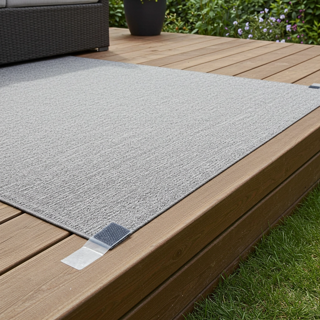 Gray outdoor rug secured with transparent Velcro strips on a wooden deck.