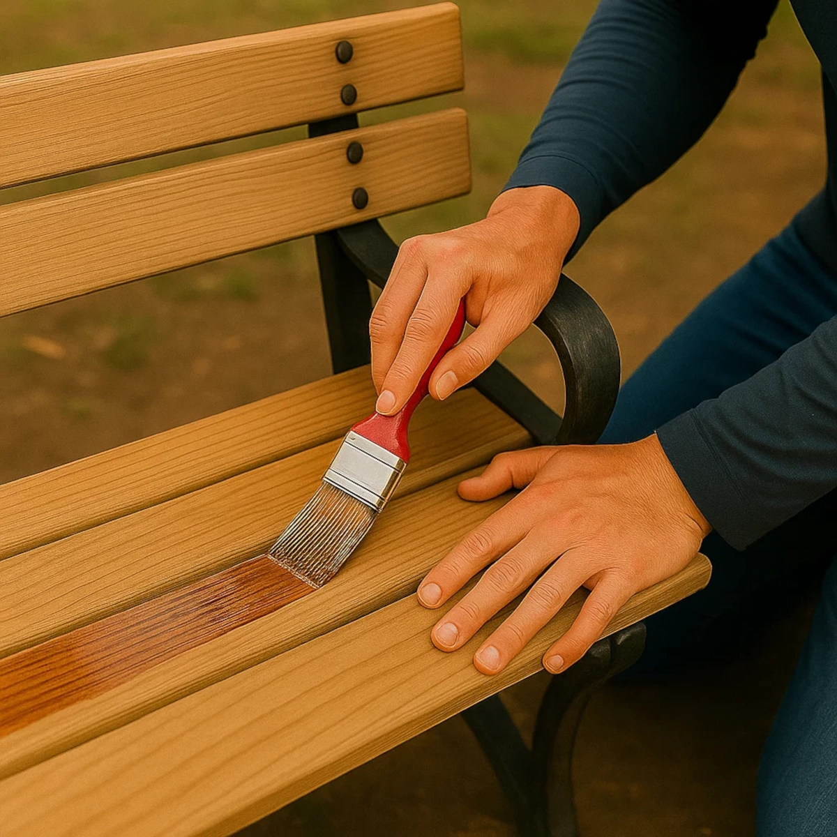 Hand applying wood finish to bench slats with brush for restoration and protection.