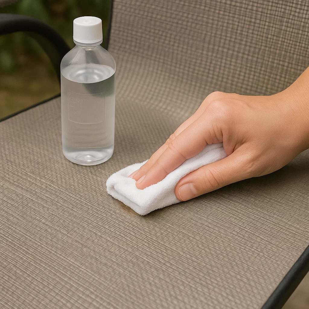 Hand using cloth with rubbing alcohol to clean patio chair stain effectively.