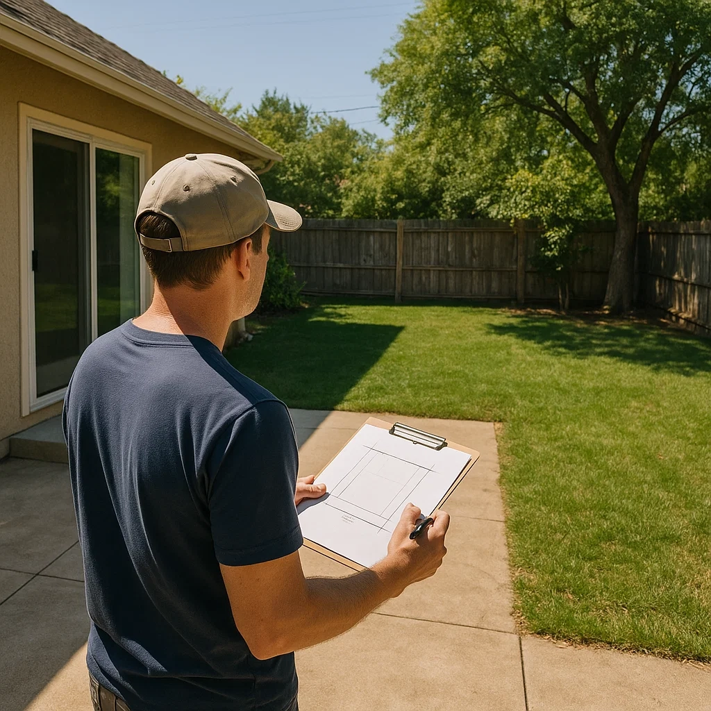  Assessing outdoor area to plan ideal location and coverage for shade sail installation.