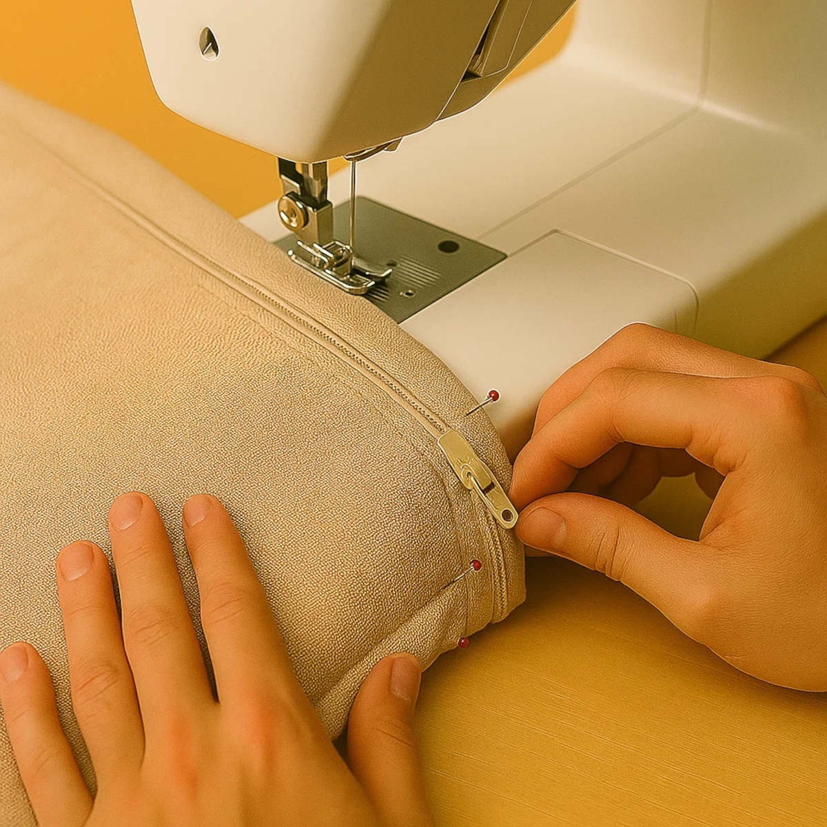 Installing a zipper in patio cushion covers for easy removal and cleaning.