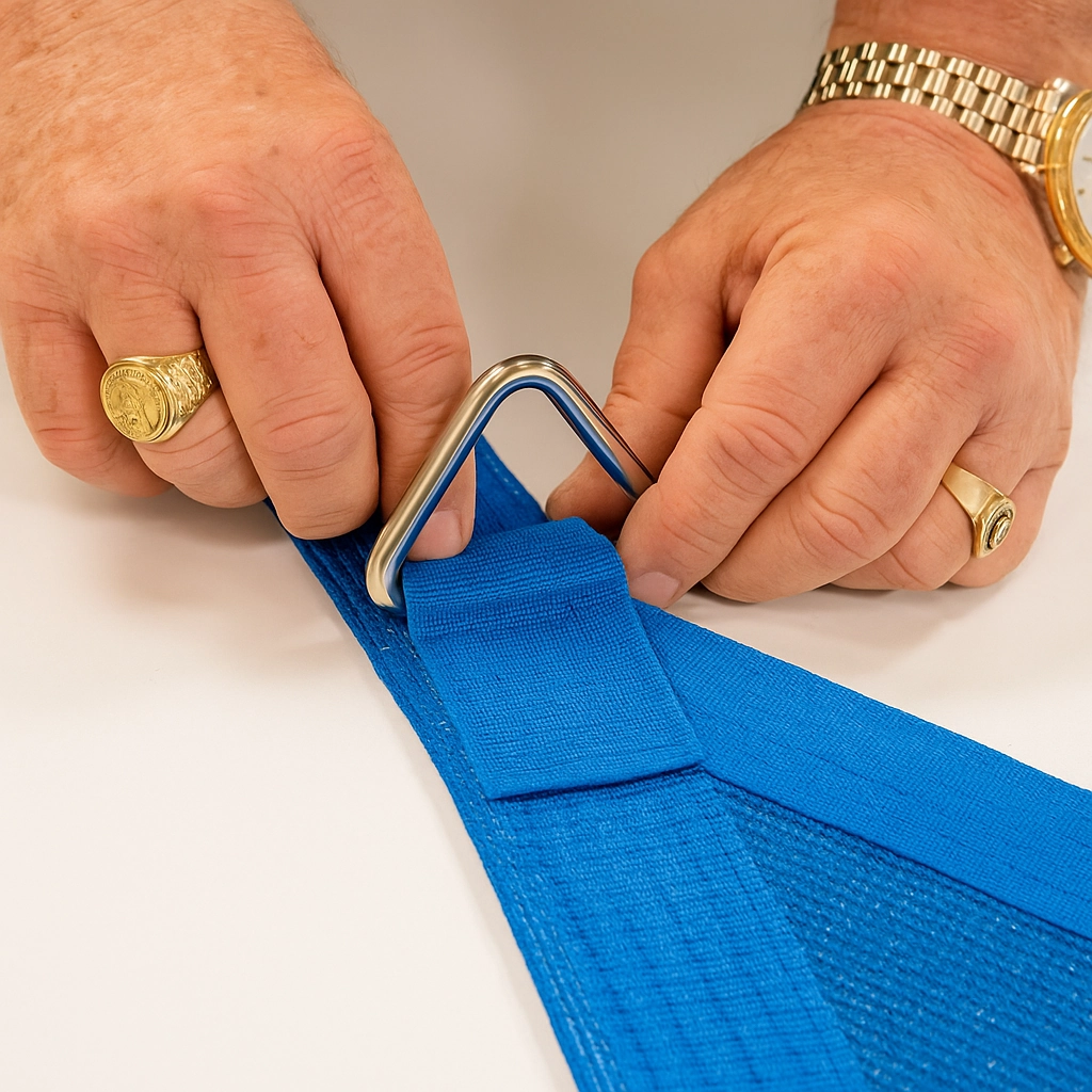 Attaching and stitching stainless steel D-rings to shade sail corners for strong tension.