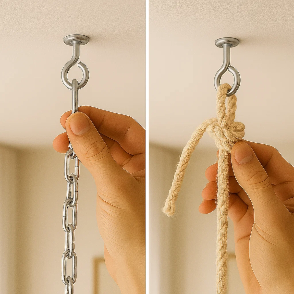 Comparison of attaching egg chair using metal chain vs rope to ceiling hook.