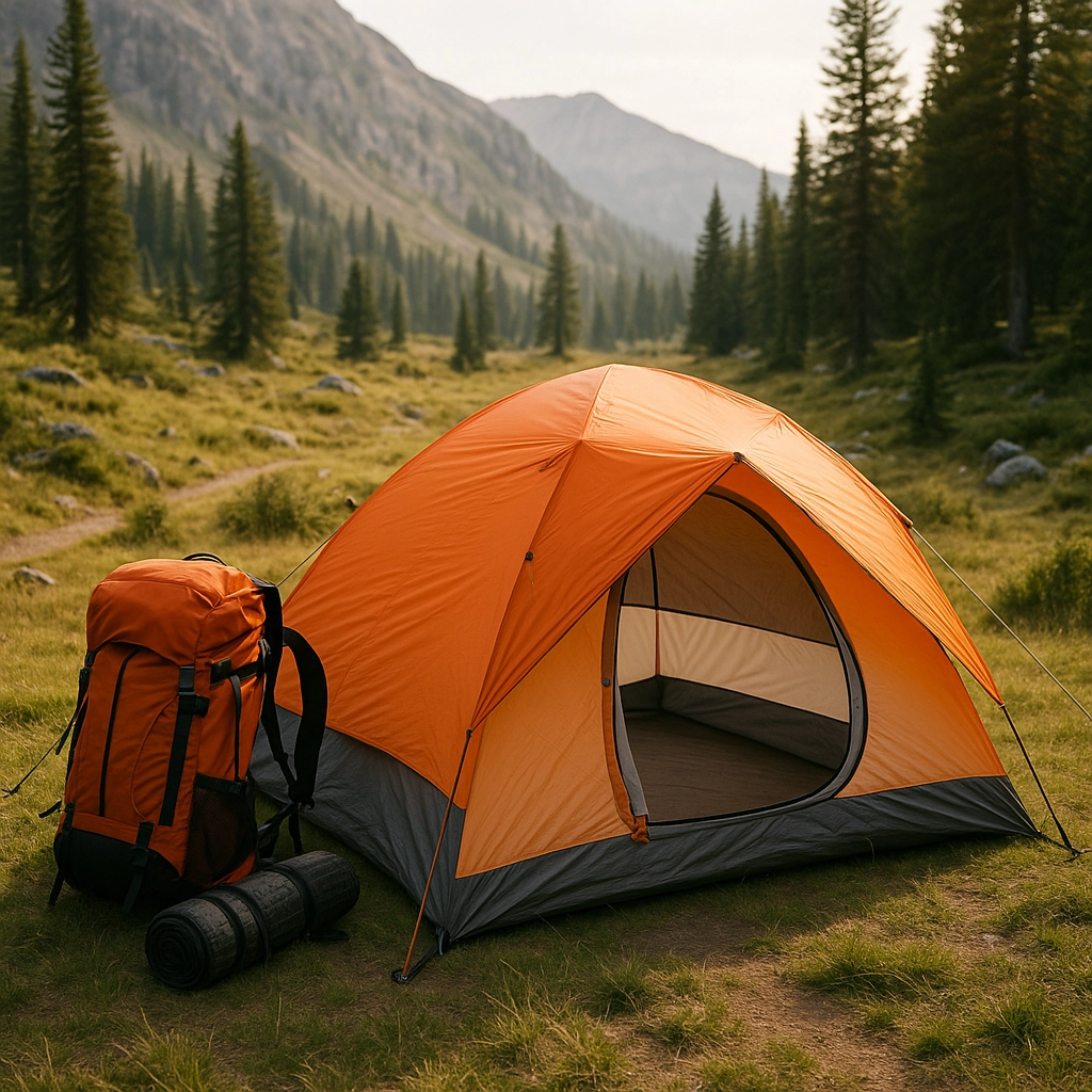 Lightweight tent set up in forest with one person sitting outside near backpack.