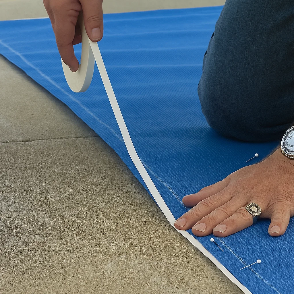 Temporarily basting multiple fabric panels together before final sewing of shade sail.