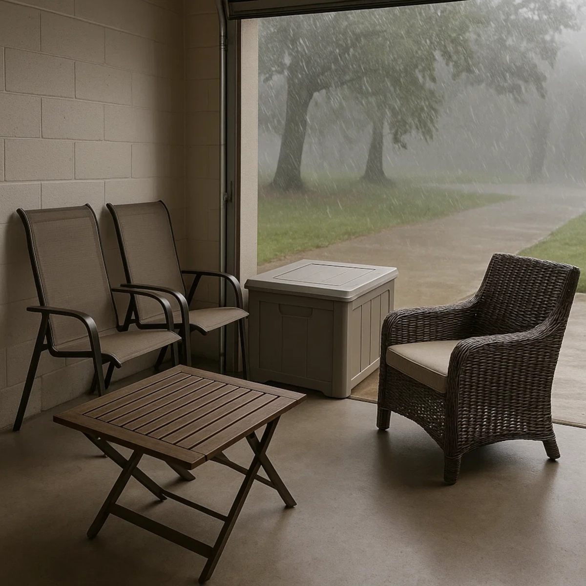 Outdoor chairs and table stored in garage during heavy rainstorm outside.