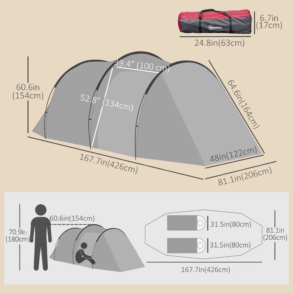 Tunnel camping tent with detailed size dimensions and sleeping capacity illustration