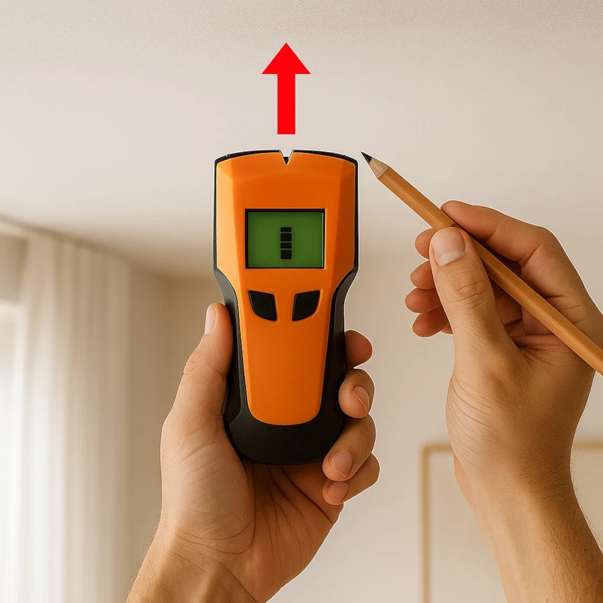 Using a stud finder and pencil to locate ceiling joist for secure chair hanging.