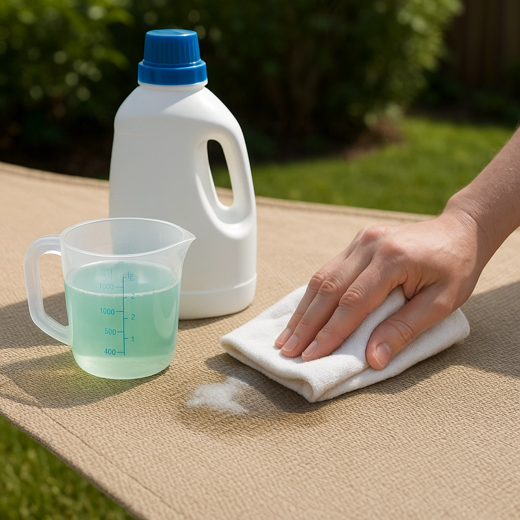 Selecting a safe cleaning solution suitable for shade sail fabric to prevent material damage.