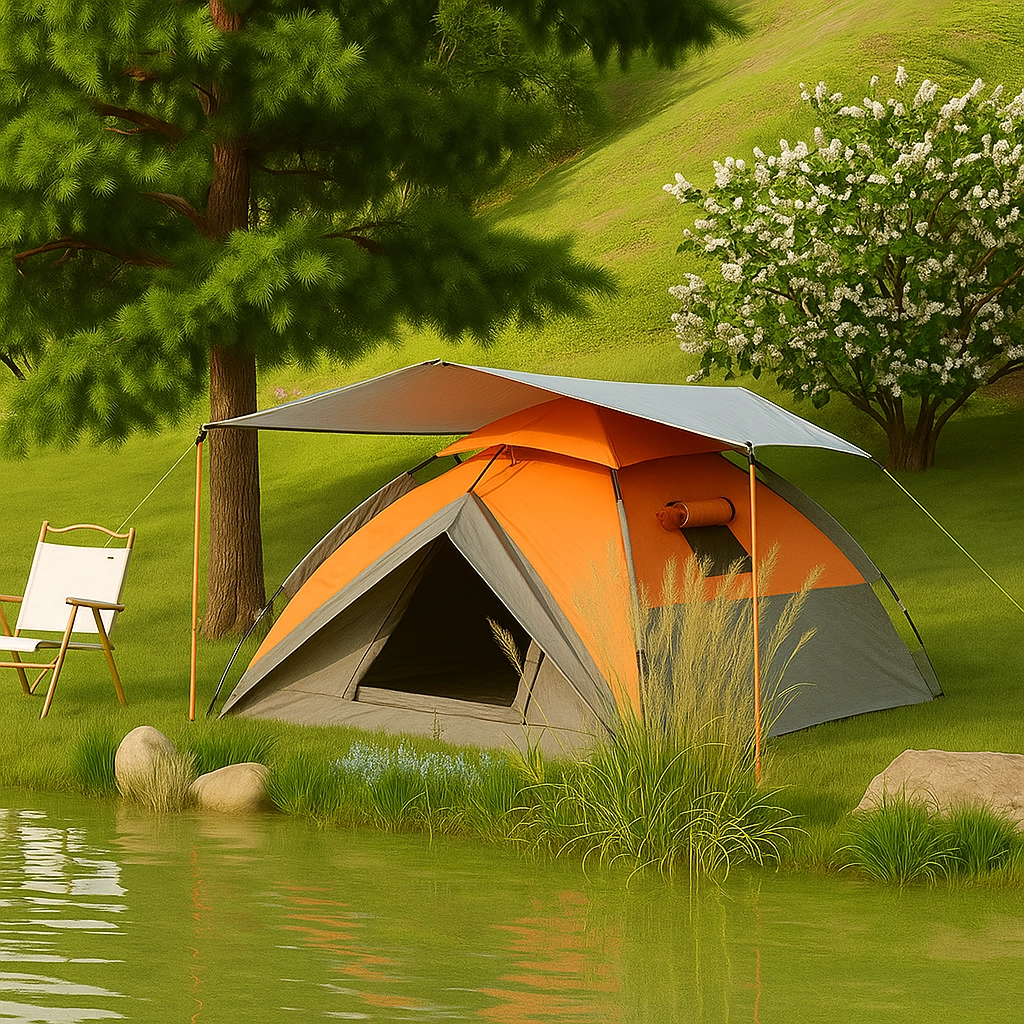 Camping tent set up beside a lake under trees for natural shade and cooling.