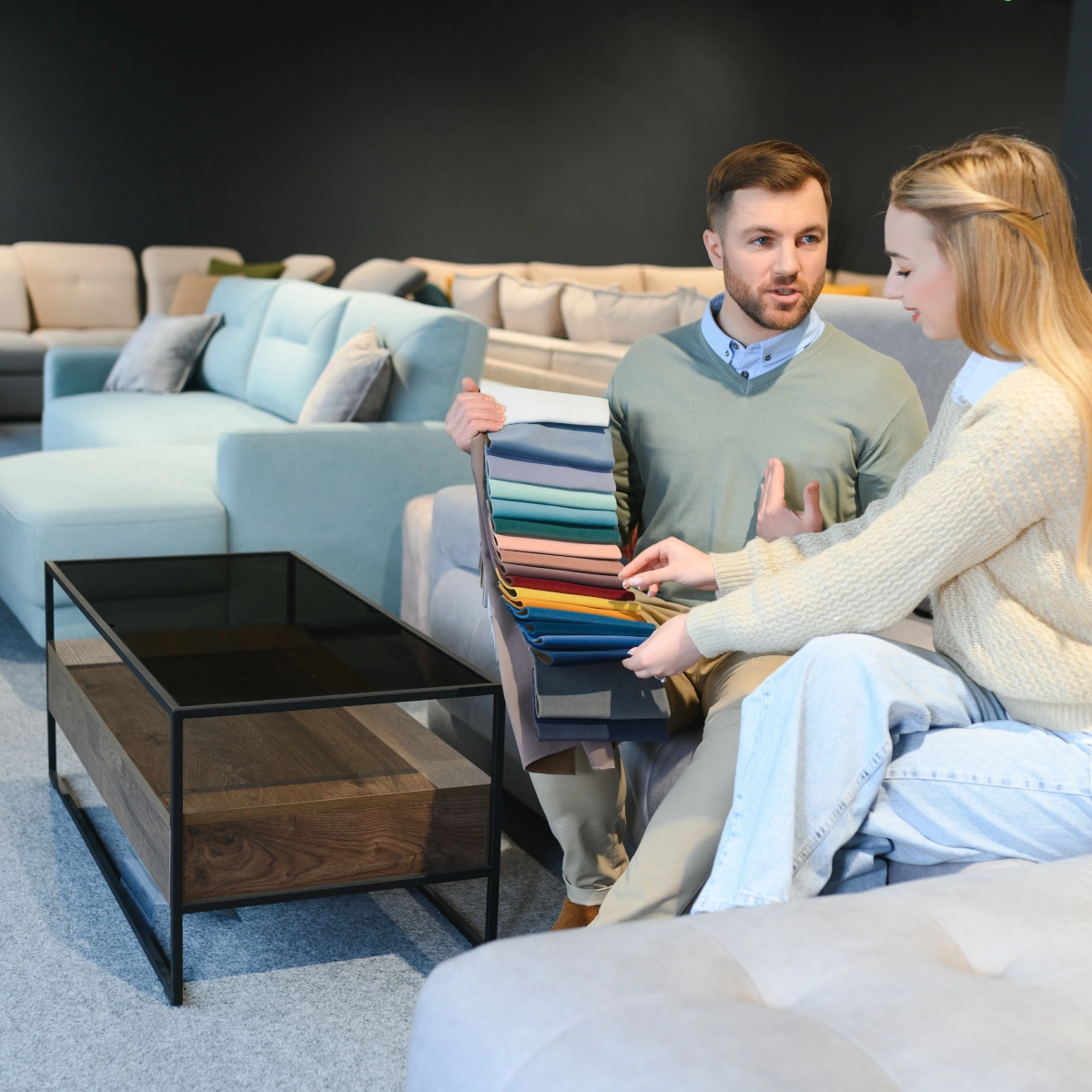 Couple choosing fabric samples for lounge chair upholstery in furniture store.