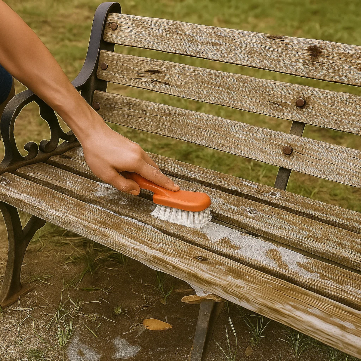 Person scrubbing weathered wooden bench with cleaning brush to remove dirt and debris.