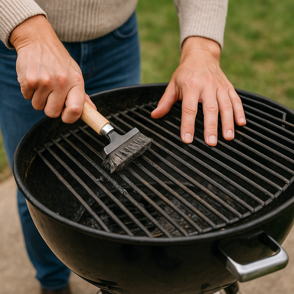 Person scrubbing round charcoal grill grates using wire brush for deep cleaning before BBQ cooking.