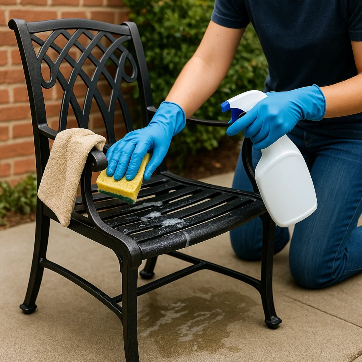 Person cleaning a metal chair with a sponge and spray bottle.