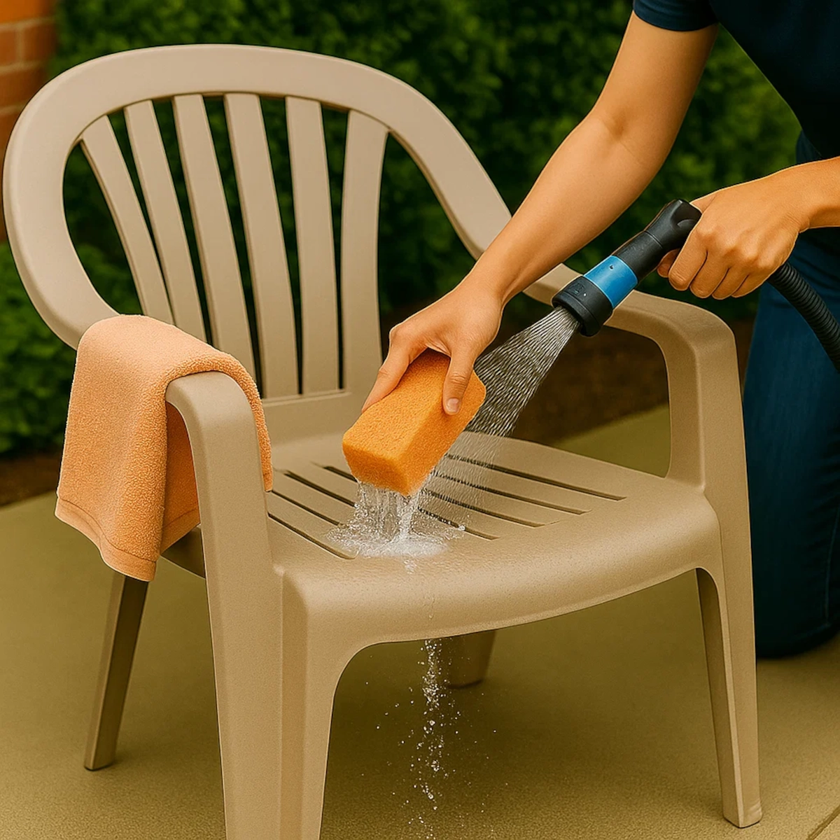 Cleaning a plastic chair with a sponge and water hose.