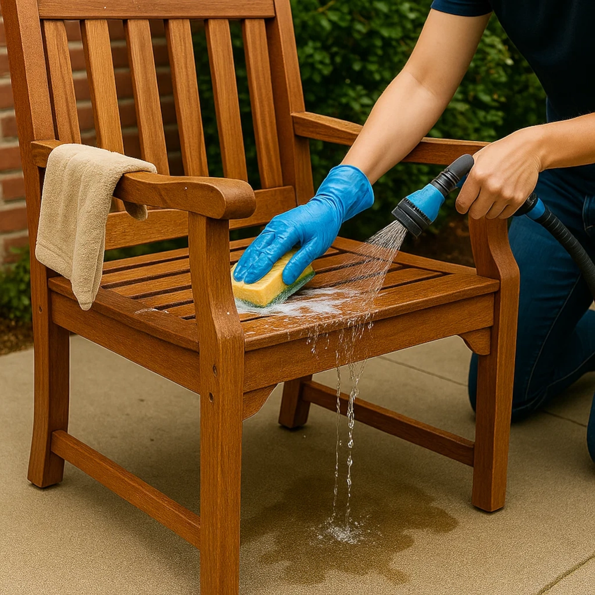 Person cleaning wooden chair with a sponge and water hose.