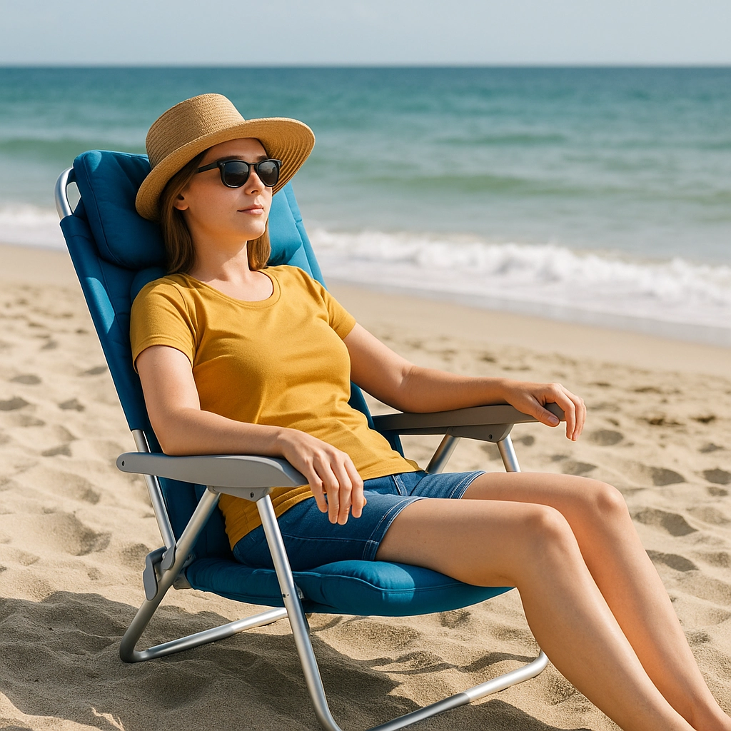 Relaxing on a beach chair under the sun, enjoying a serene beach view.