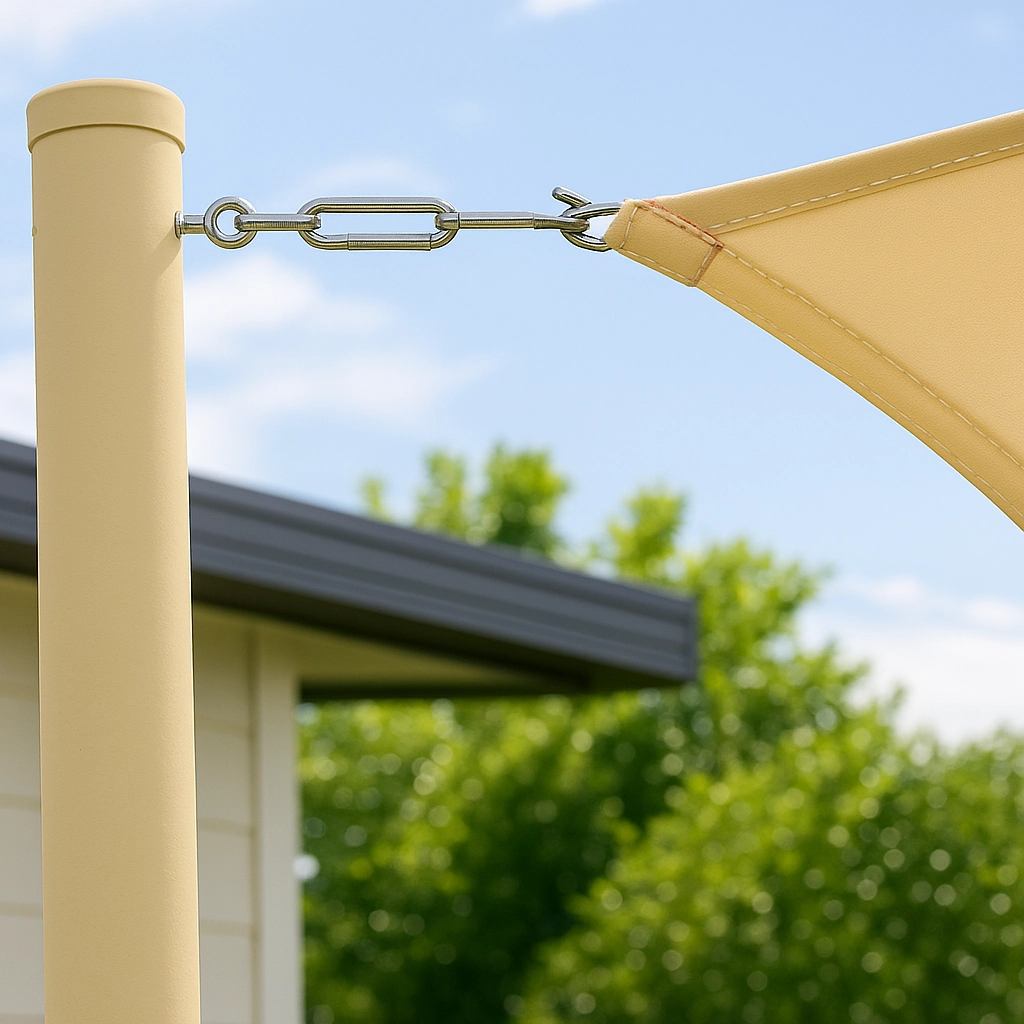 Attaching the shade sail to anchors using tensioning hardware for a tight, secure fit.