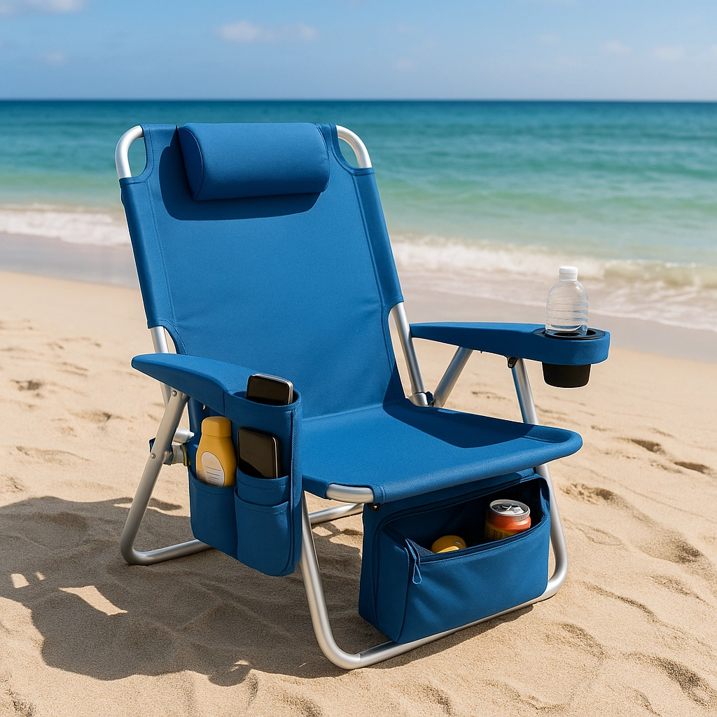 Blue beach chair equipped with drink holders and storage for convenience and comfort.