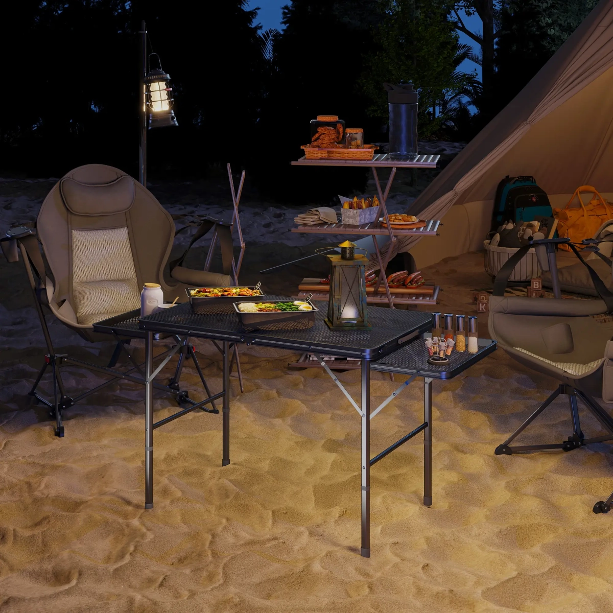 Essential camping cooking and eating supplies including stove, utensils, and cookware for meals.