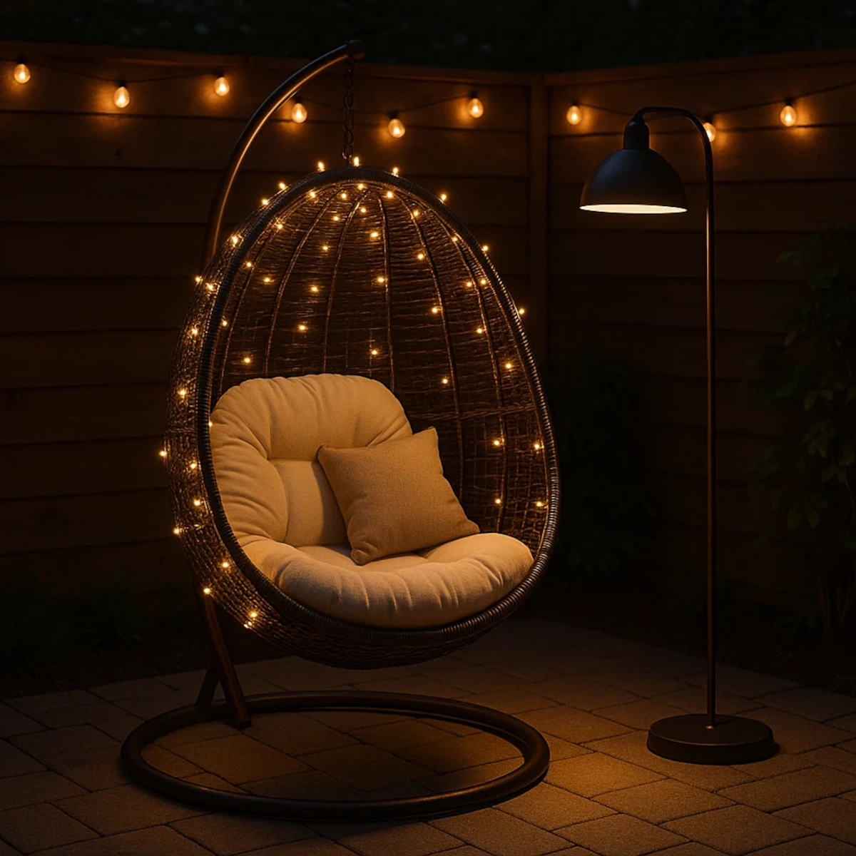 Hanging egg chair with string lights and warm cushions under soft patio night lighting.