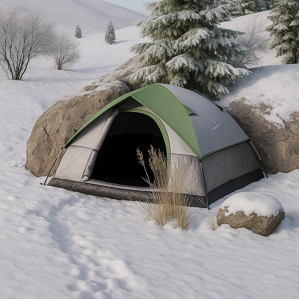 Tarp and snow windbreak protecting a winter tent from strong cold wind during camping.