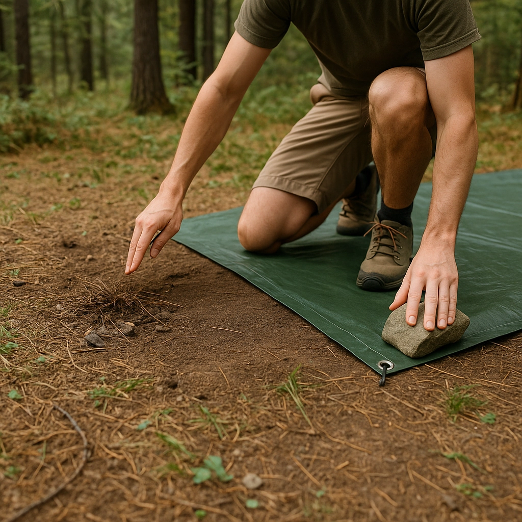 Man setting tent base tarp on forest floor, preparing ground for camping setup.