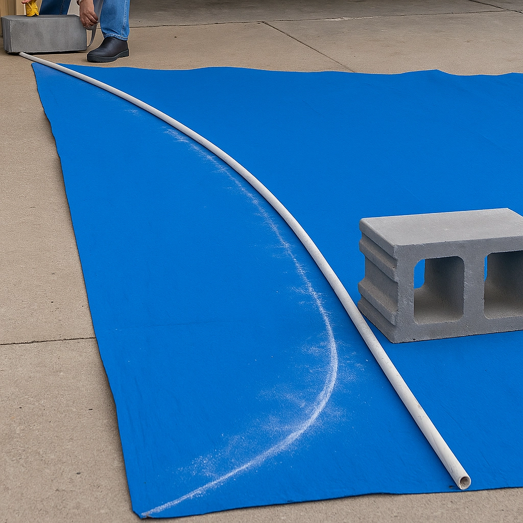 Cutting gentle curves on fabric edges to create hollows that maintain shade sail tension.