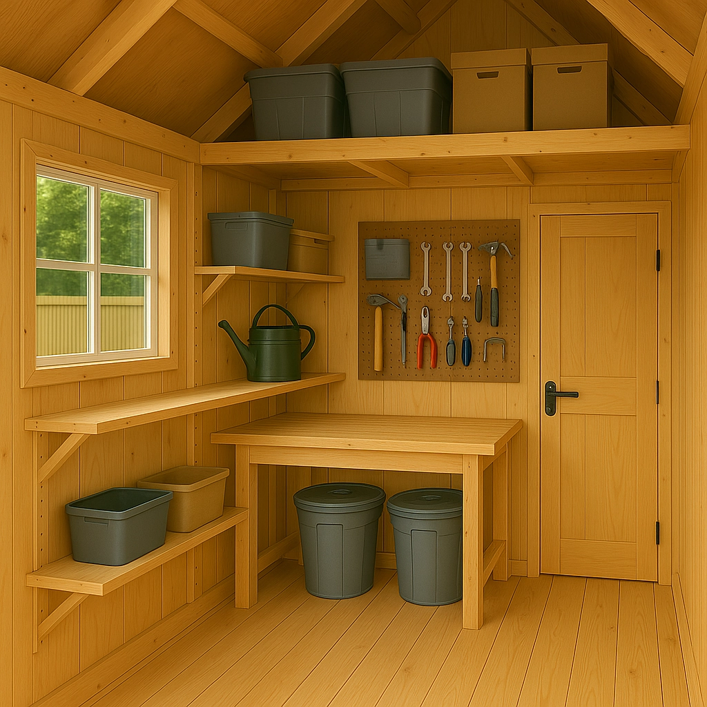 Wooden shed interior with tools, storage bins, and shelves for organization.