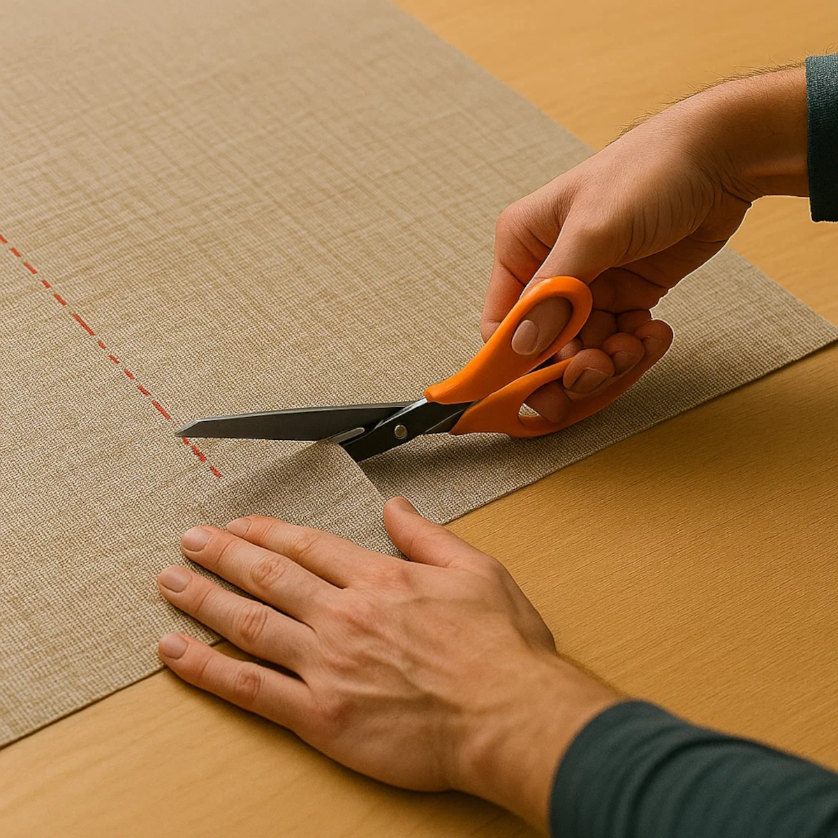 Cutting fabric panels with seam allowance for DIY patio chair cushions.