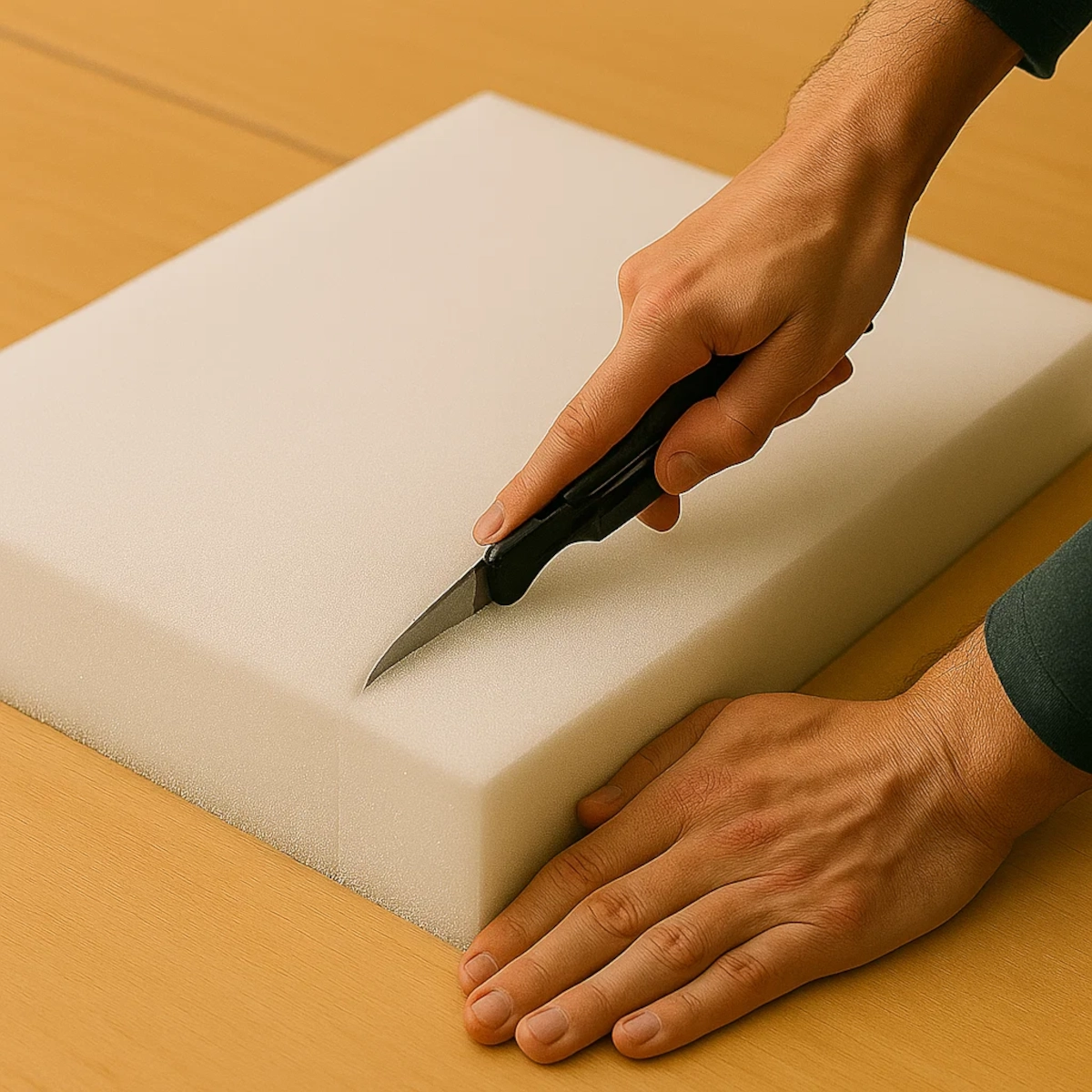 Measuring and cutting foam precisely for custom outdoor chair cushions.