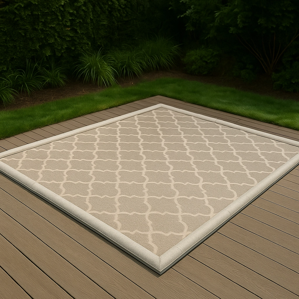 Outdoor rug with padded border to prevent movement on a garden deck.