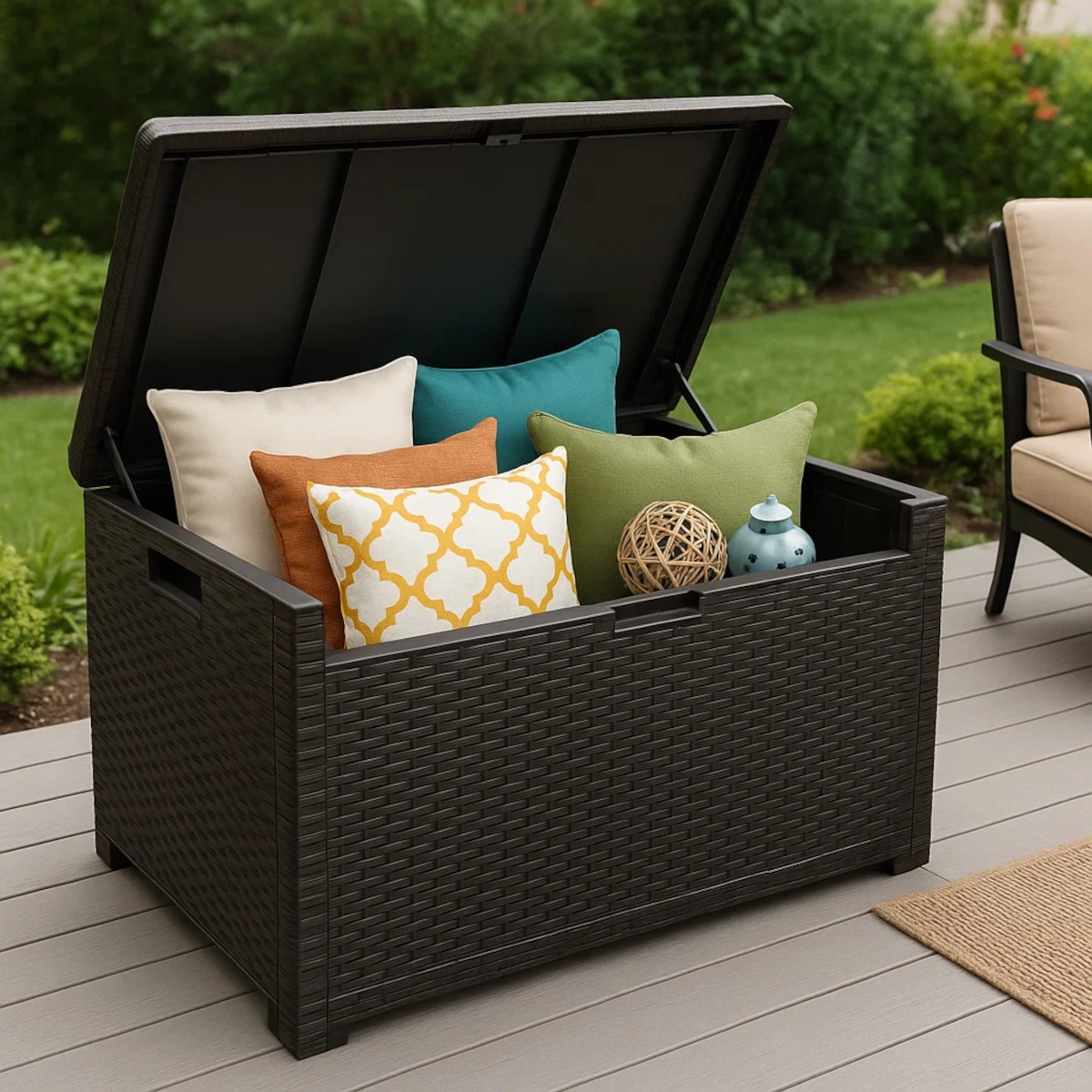 Rattan-style deck storage box open with cushions and pillows inside.