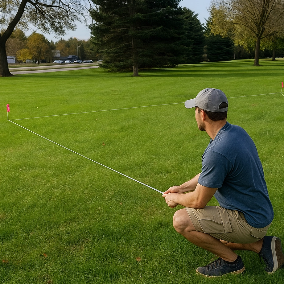 Measuring and marking anchor points to determine ideal shade sail placement and coverage area.
